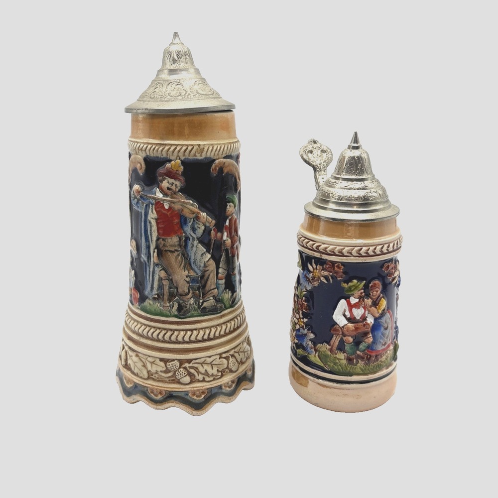 2 Vintage Thorens Music Box Switzerland Beer Stein German Lidded Collectible